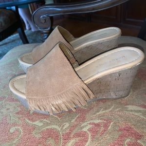 Tan suede fringe wedges - new